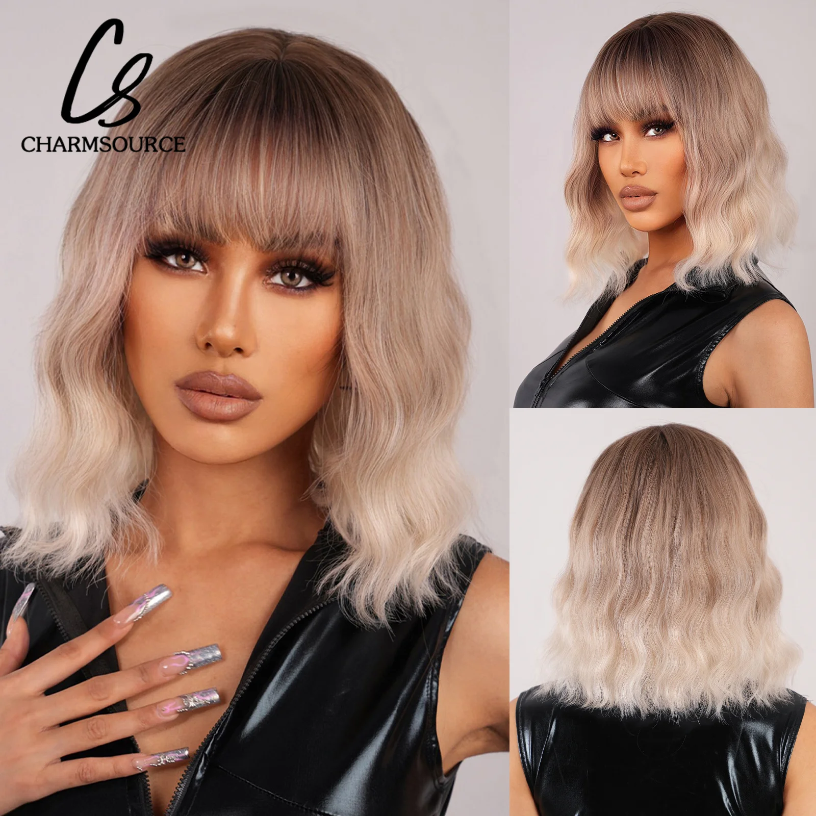 

CharmSource Ombre Brown Blonde Wigs Short Wavy Wigs for Women Synthetic Bob Wig Hair Party Daily High Quality High Density