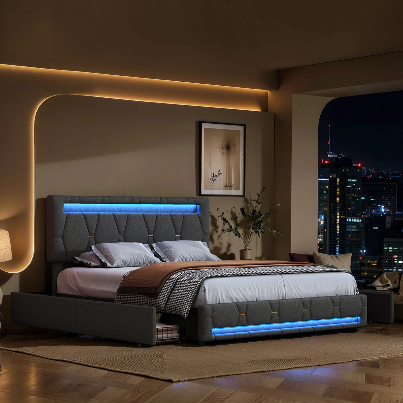 Rosahqnda Lit capitonné, Lit double sans matelas, Cadre de lit en lin avec dossier tête de lit, 4 tiroirs, Lit double