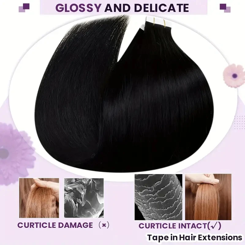 Alimice Tape In Hair Extensions Menselijk Haar Jet Black 50G 20 Stuks Naadloze Remy Steil Haar Onzichtbare Tape In Hair Extensions