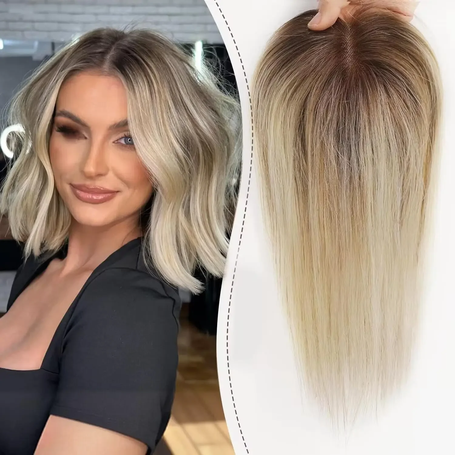 Haartoppers Blond Bruin Ombre 100% Remy Echt haar Topper Haarstukken voor Vrouwen 150% Dichtheid Zijde Basis 3Clip in Toppers 12 inch - afbeelding 2