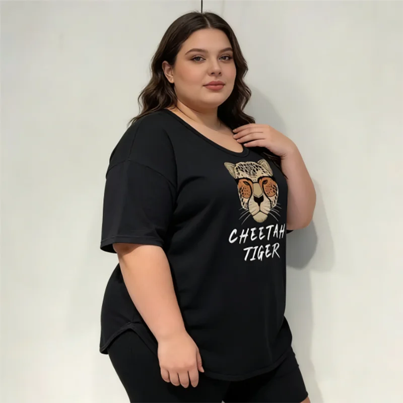 T-shirt da donna con grafica leopardata carina taglie forti 40-150 kg T-shirt casual estiva allentata oversize con stampa tigre ghepardo