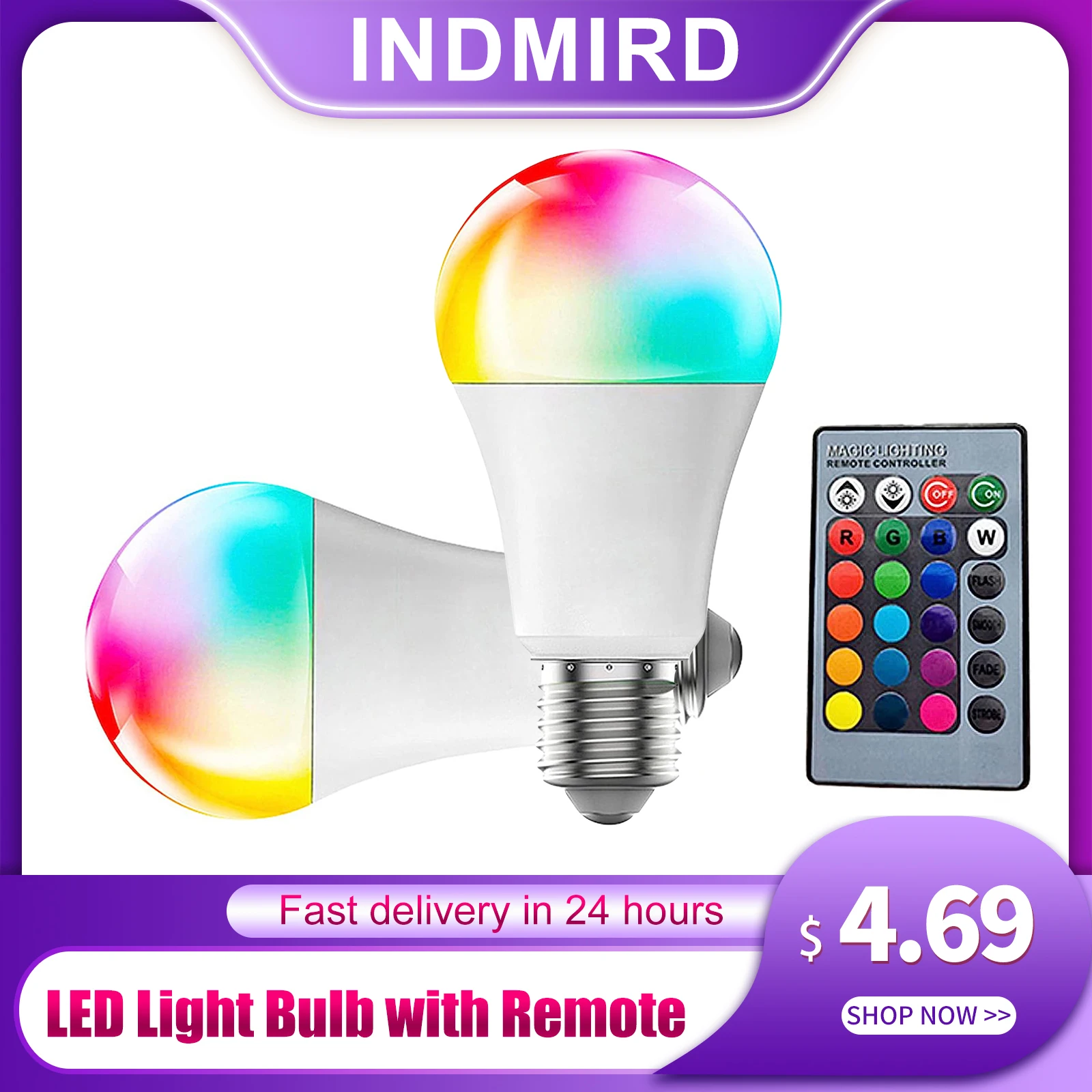 

INDMIRD LED Color Changing Light Bulb with Remote,A19 E27 White 5W 450LM Dimmable RGBW LED Light Bulb,12 Color Choices