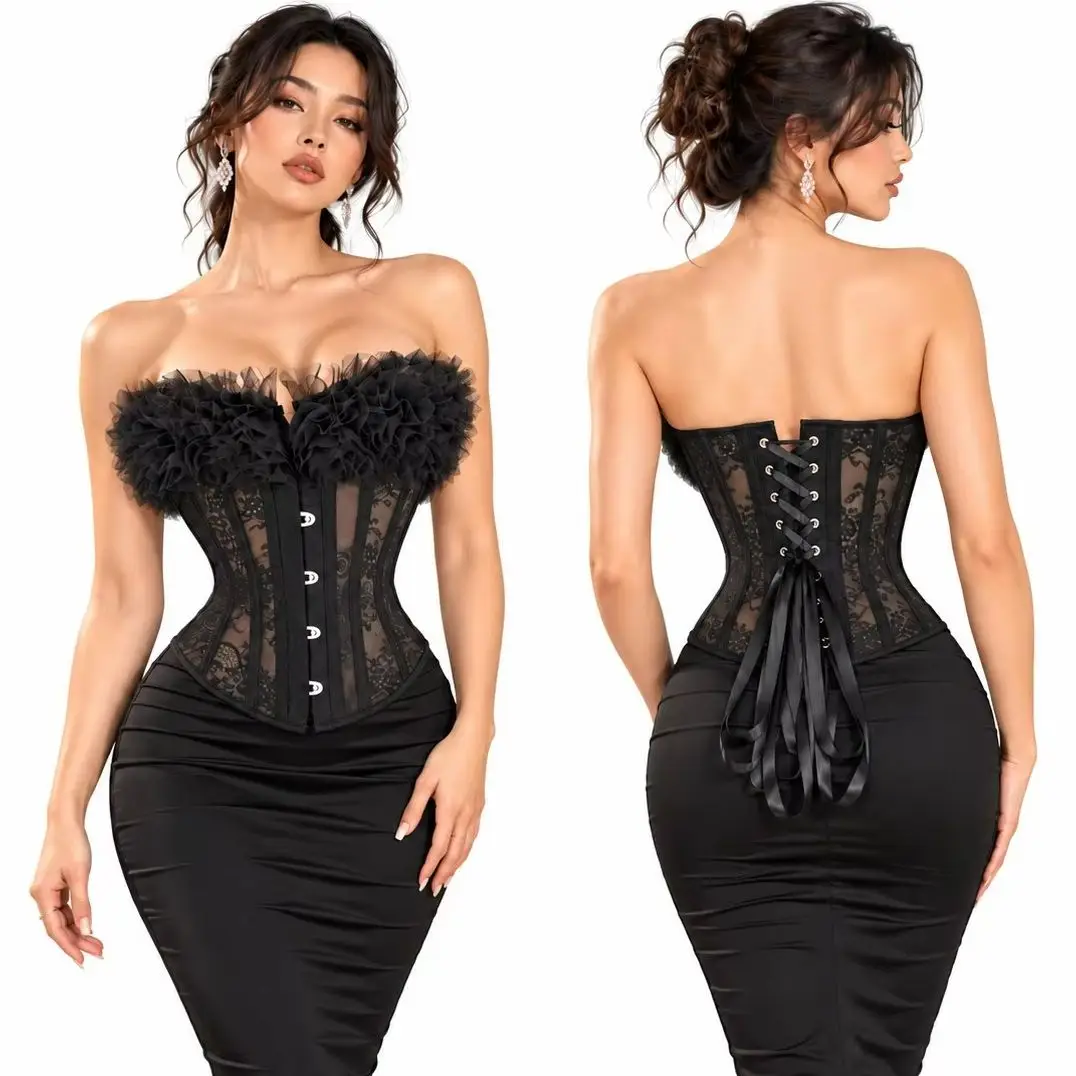 Cloudy.lee Women's Gothic Lace Corset Top Strapless Ruffle Bustier Vintage Victorian Overbust Waist Trainer Shapewear for Party