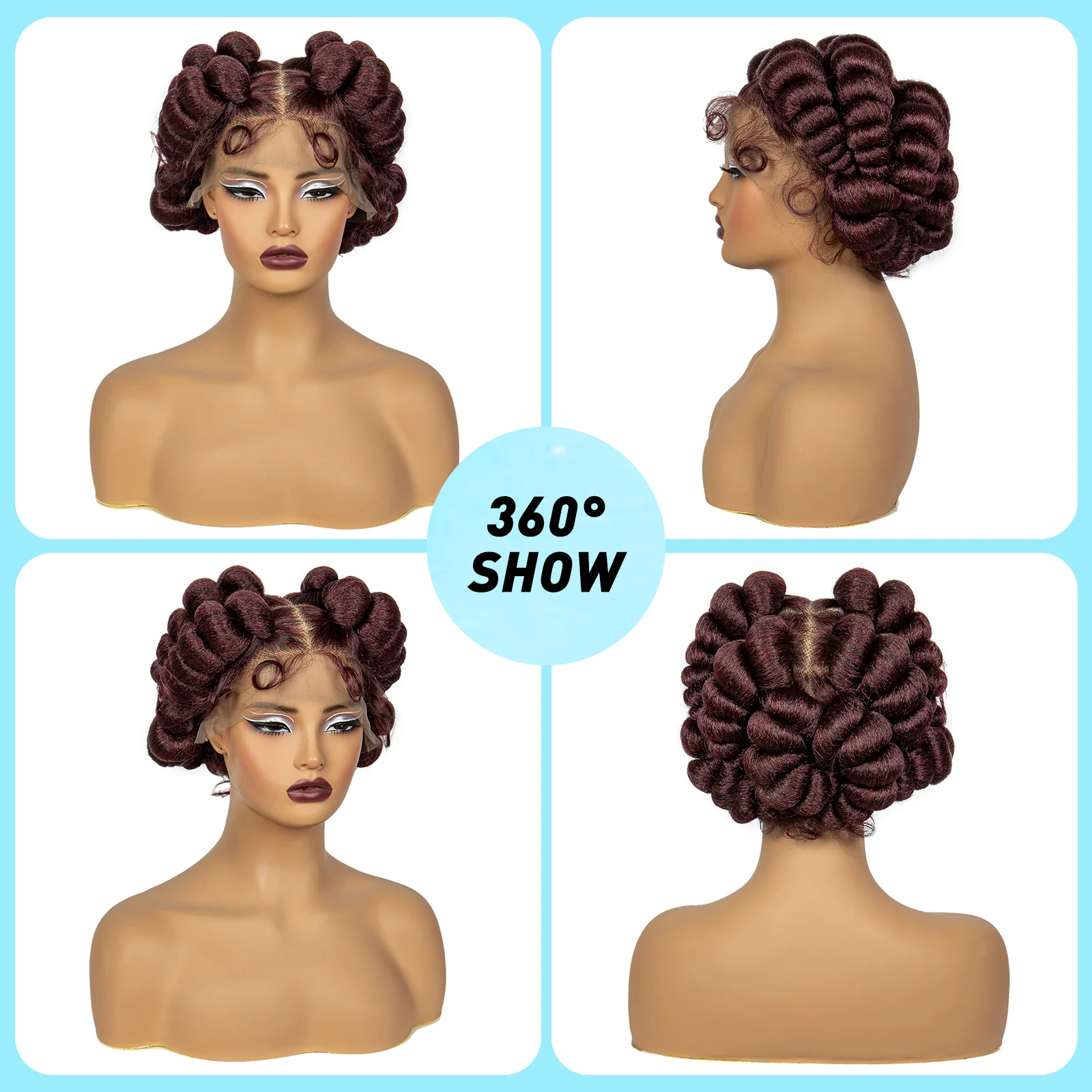 Wig kepang Bantu buatan tangan Burgundy 99J dengan rambut bayi pendek sintetis lucu penuh renda tanpa simpul dikepang Wig renda UNTUK WANITA HITAM