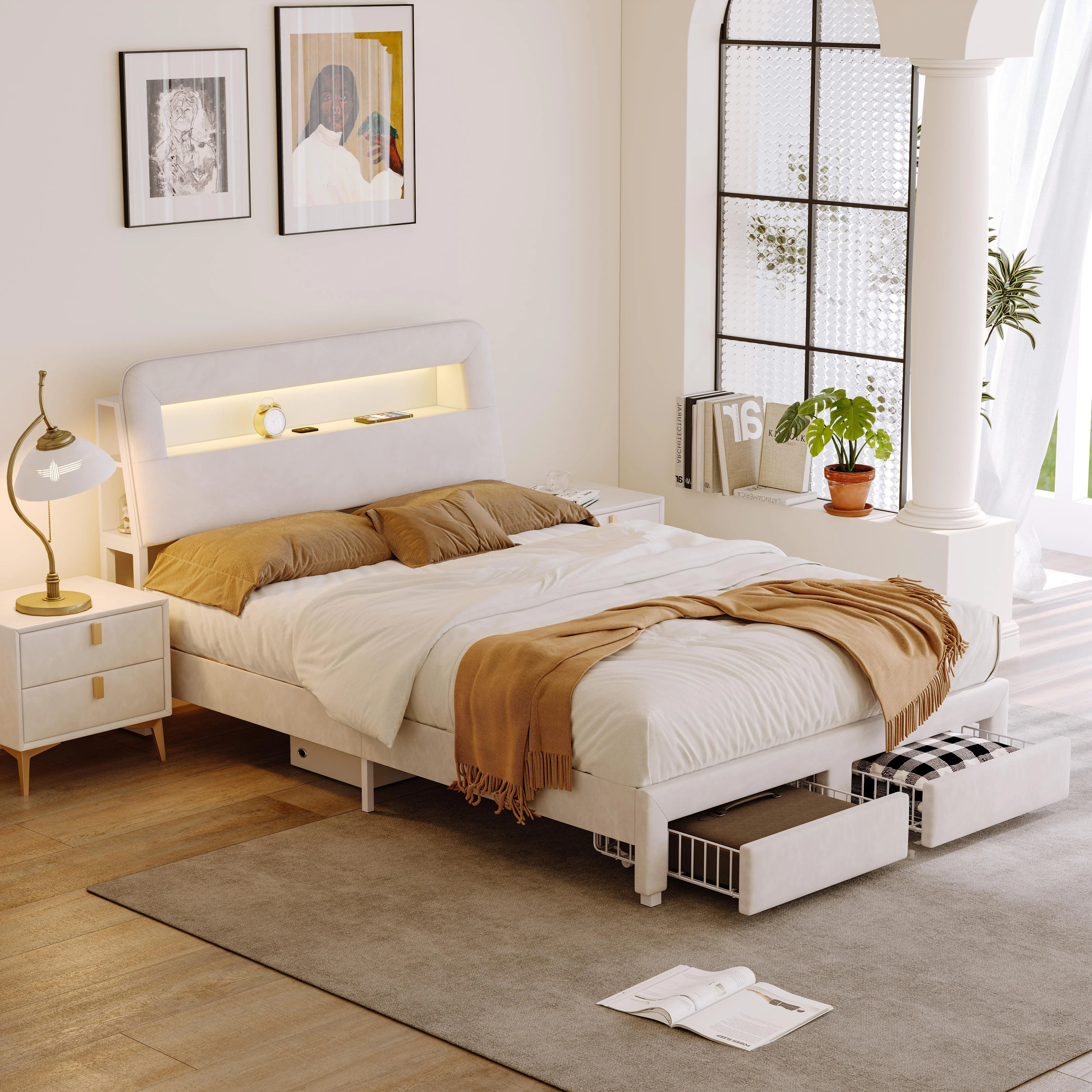 Letto matrimoniale 140/160x200 cm con LED e 2 cassetti, Letto imbottito con ricarica USB, testata con contenitore, 2 persone, velluto