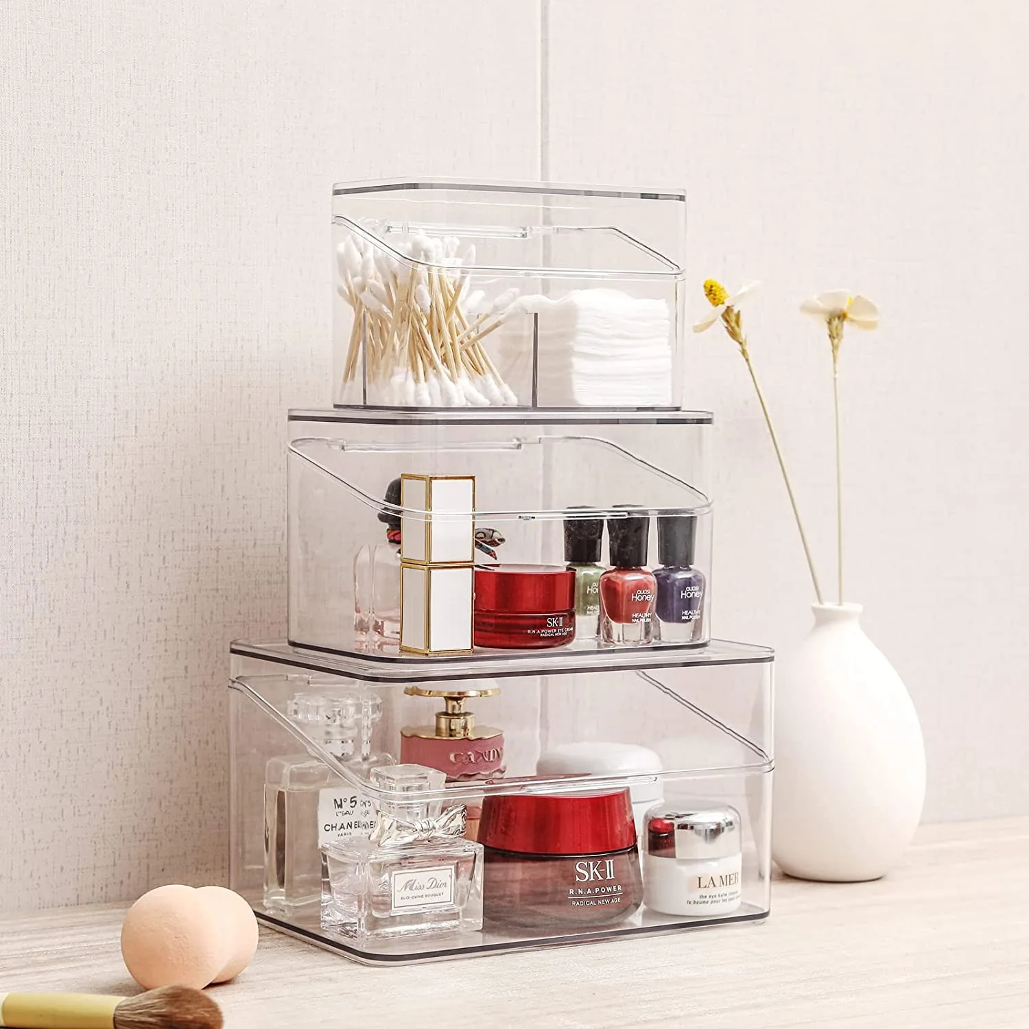 Bathroom Storage Box, Clear Desktop Makeup Organizer With Lid Prevent Dust, Suitable for Cosmetic, Toiletries, Sanitary Product