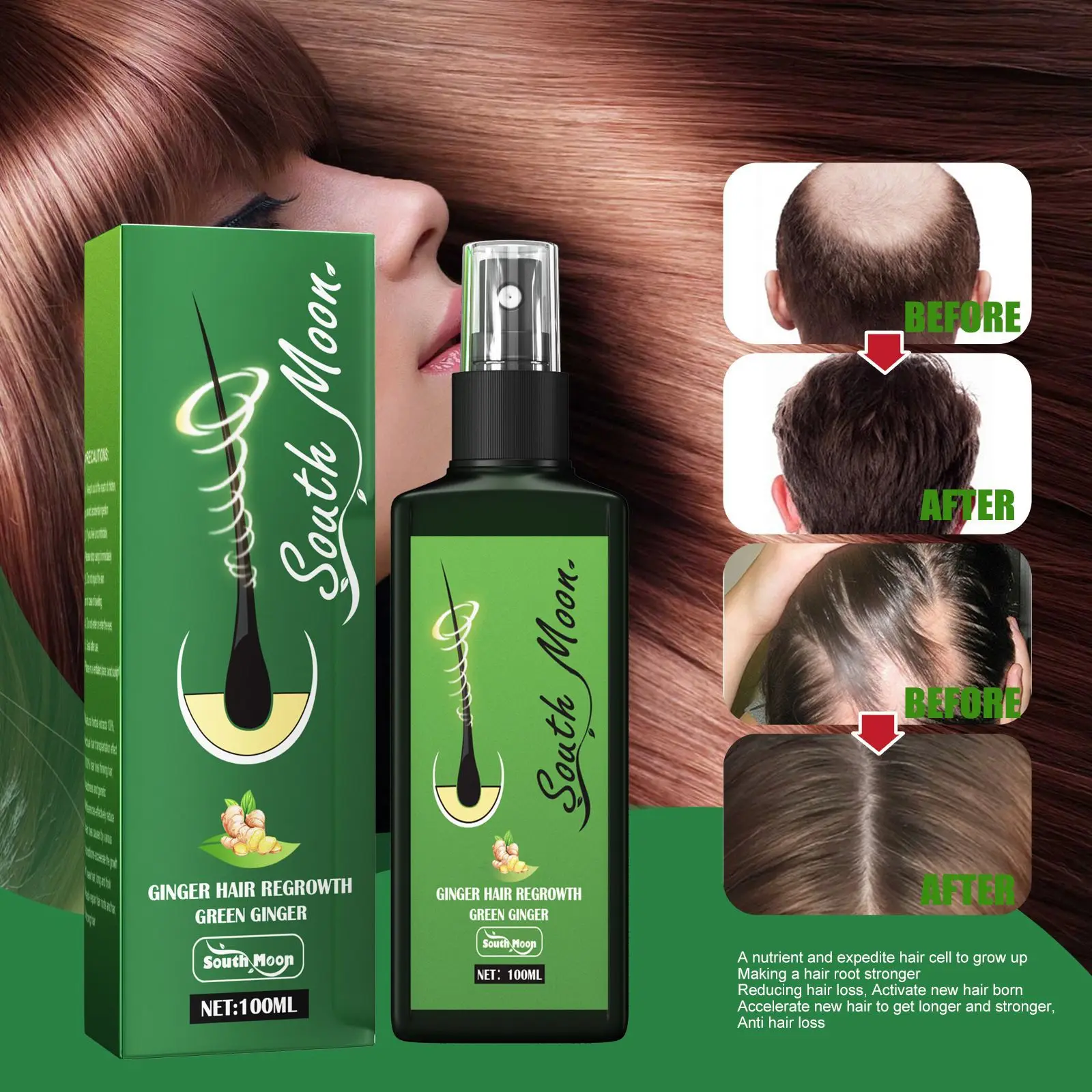 South Moon Ginger Hair Growth Spray Hair Root Grow Smoothing Hairs Loss Serum Scalp Damaged Treatment Massage Hair Care Products - view 4