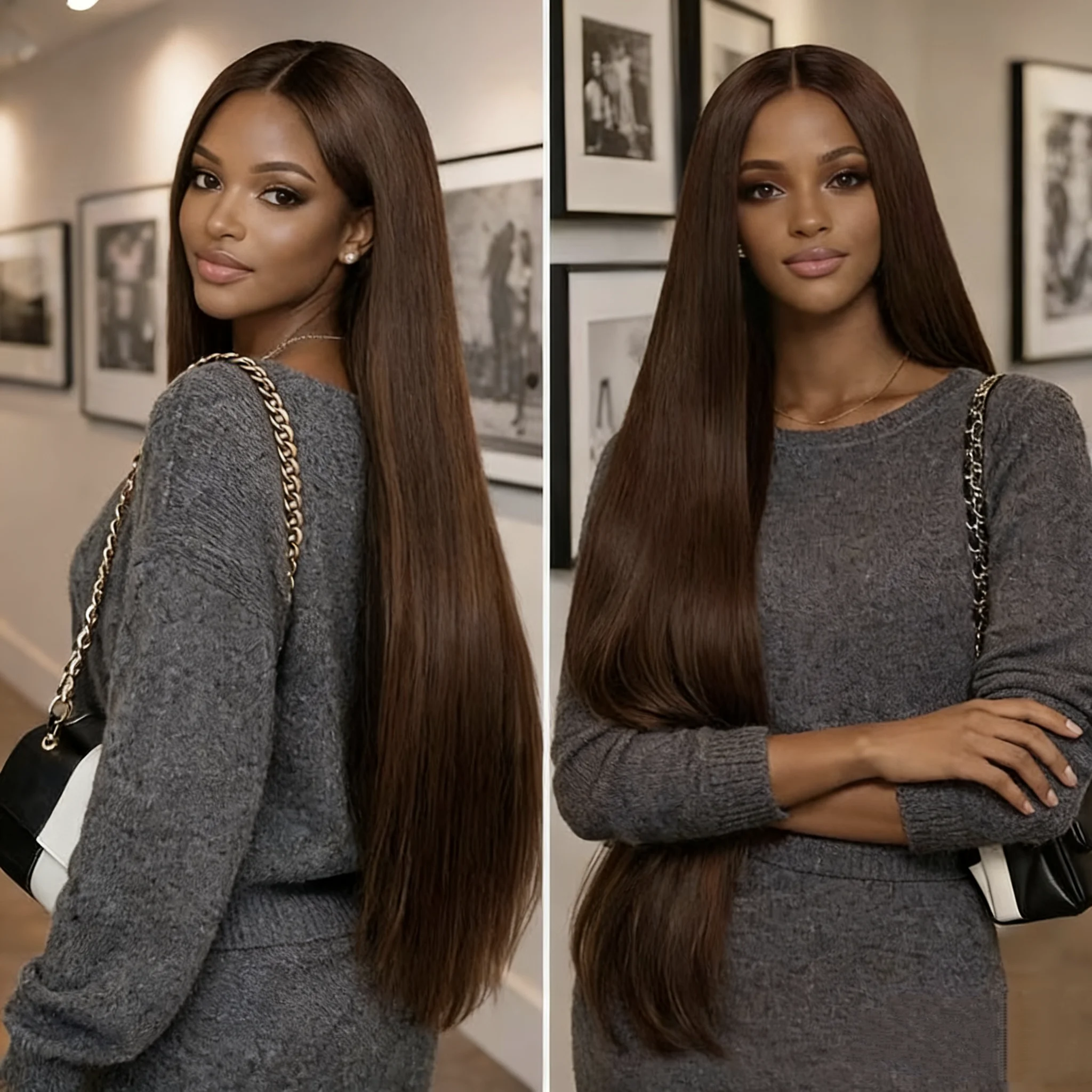 

Синтетический парик 13x4 с прозрачной основой, длинные прямые волосы, подходят для разных оттенков кожи - Прозрачный парик с кружевной передней частью, 180% плотность, каштановый цвет волос