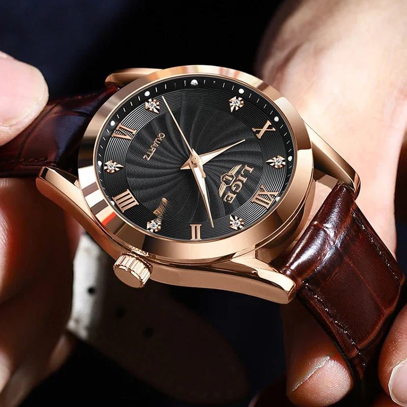 LIGE marka luksusowy skórzany zegarek męski moda biznesowy męski zegarek wojskowy sportowy kwarcowy chronograf zegar męskie wodoodporne zegarki — zdjęcie 2
