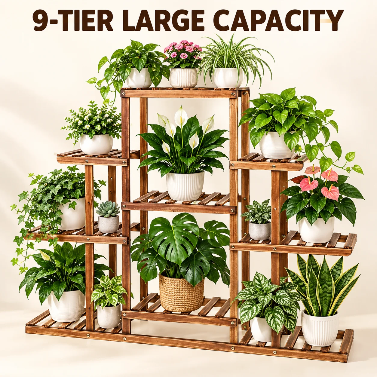 9-Tier Wooden Plant Stand Indoor Outdoor Pine Wood Flower Pot Display Rack for Living Room Balcony Patio Garden