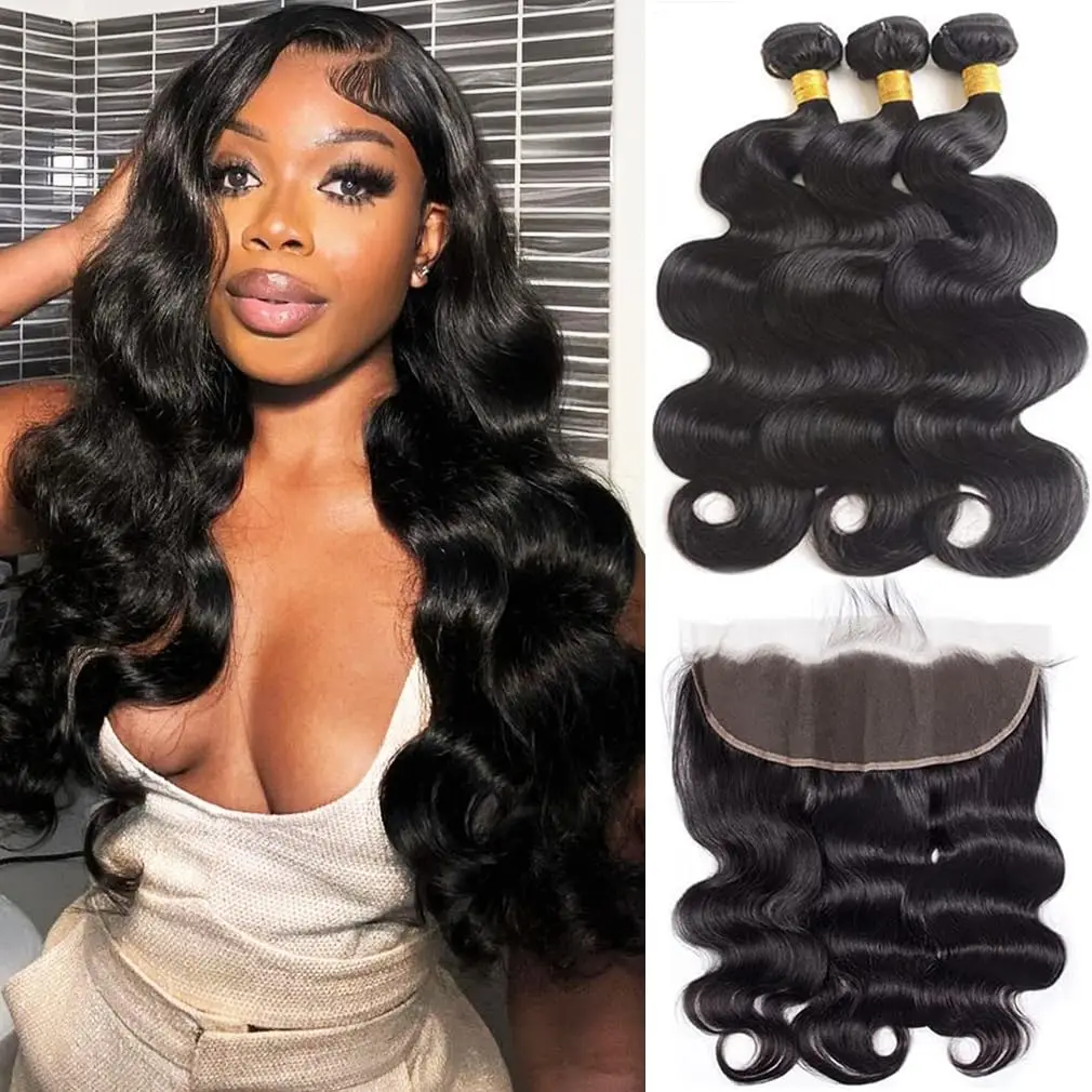 

Brazilian Body Wave 3 Bundles with 13x4 Lace Frontal Closure Real Human Hair Bundles Body Weave Virgin Hair Natural Black Color