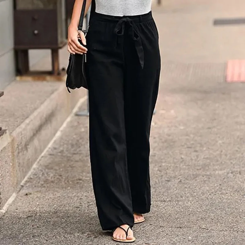 Summer Elastic Waist Women Cotton Linen Pants Hight Waist Ankle-length Oversized Loose Trousers Female Casual Solid Color Pants