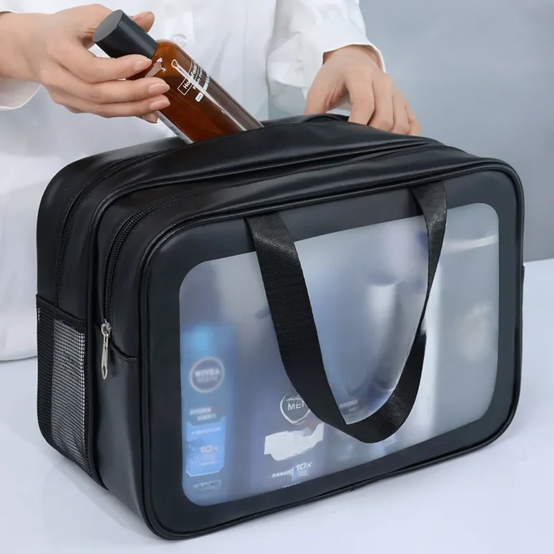 Sac de maquillage en PU double transparent, séparation sèche-humide, sac de lavage portable, sac de rangement de cosmétiques, voyage fitness, essentiels de natation