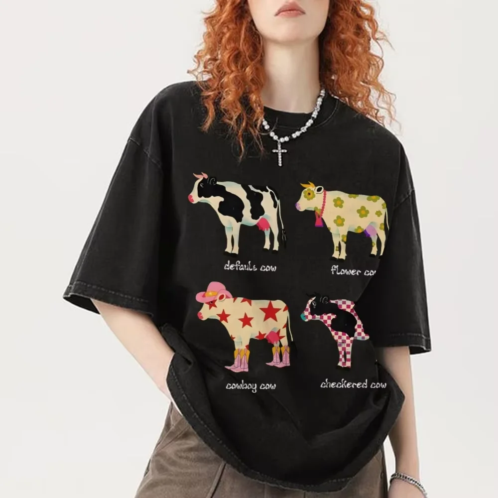 

100% Cotton Unisex Cute Cartoon Cow Print T-Shirt Pure Cotton Washed Shoulder Round Neck Neutral Style Fashion Trend