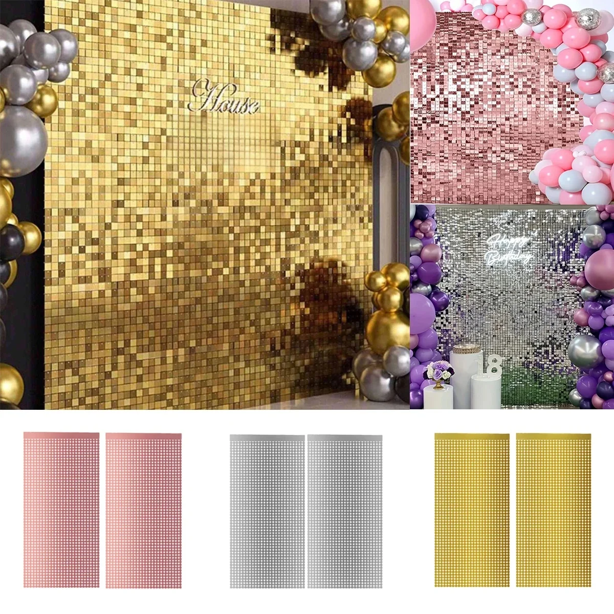 3 Pack Party Glitter Foil Curtain Backdrop Decorations Silver Rose Gold Party Curtain for Birthday Wedding Party Background — 2