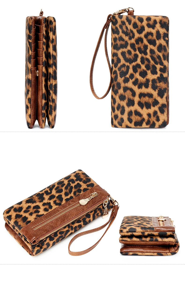 Vintage Damen-Geldbörse mit Leopardenmuster, Doppelreißverschluss, PU-Leder, lange Geldbörse, multifunktionale Kreditkarten-Clutch mit Handgelenkschlaufe – Detail 25