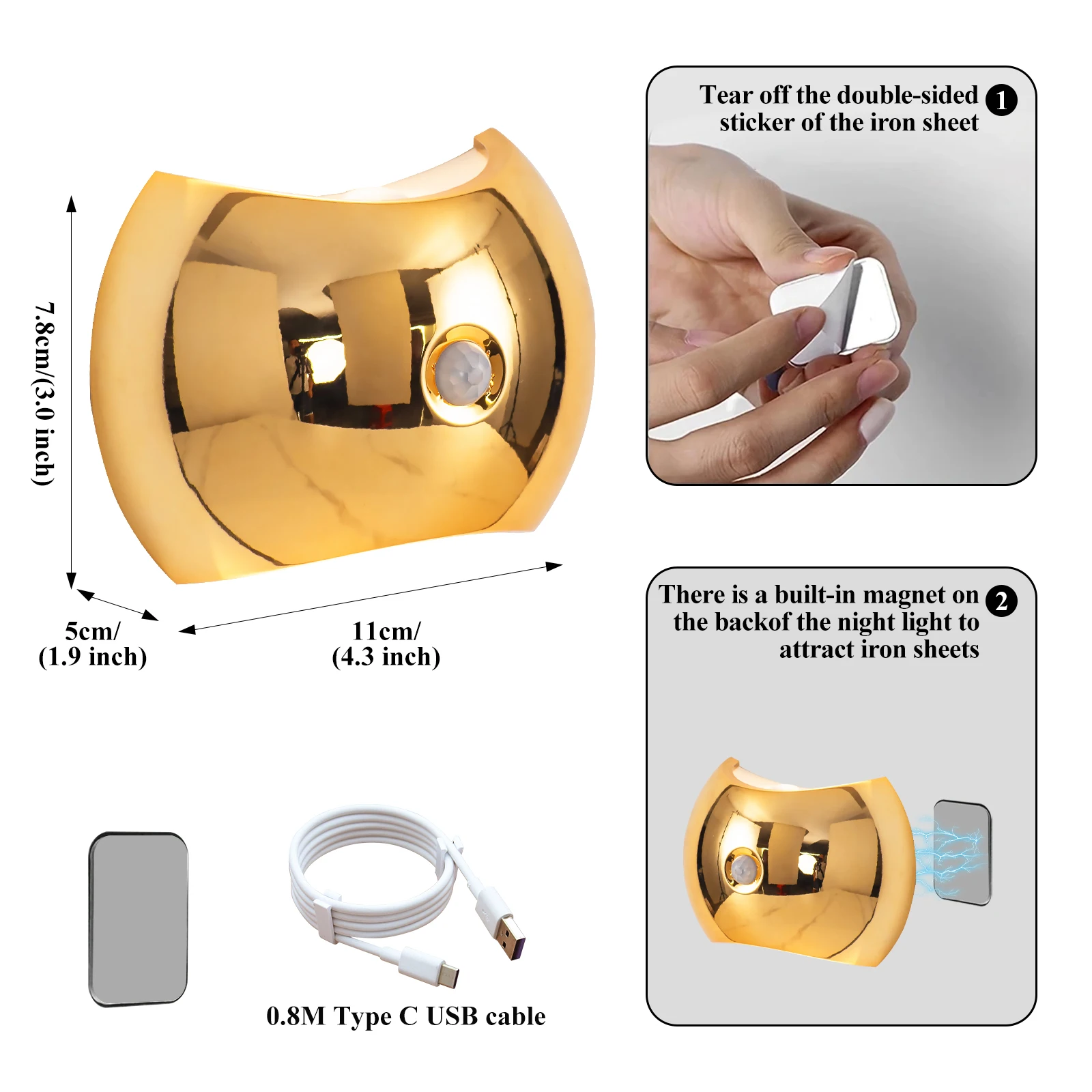 Luz de emergência inteligente led luminária recarregável luz de parede tipo-c luz noturna sensor de movimento 3 modos montado na parede