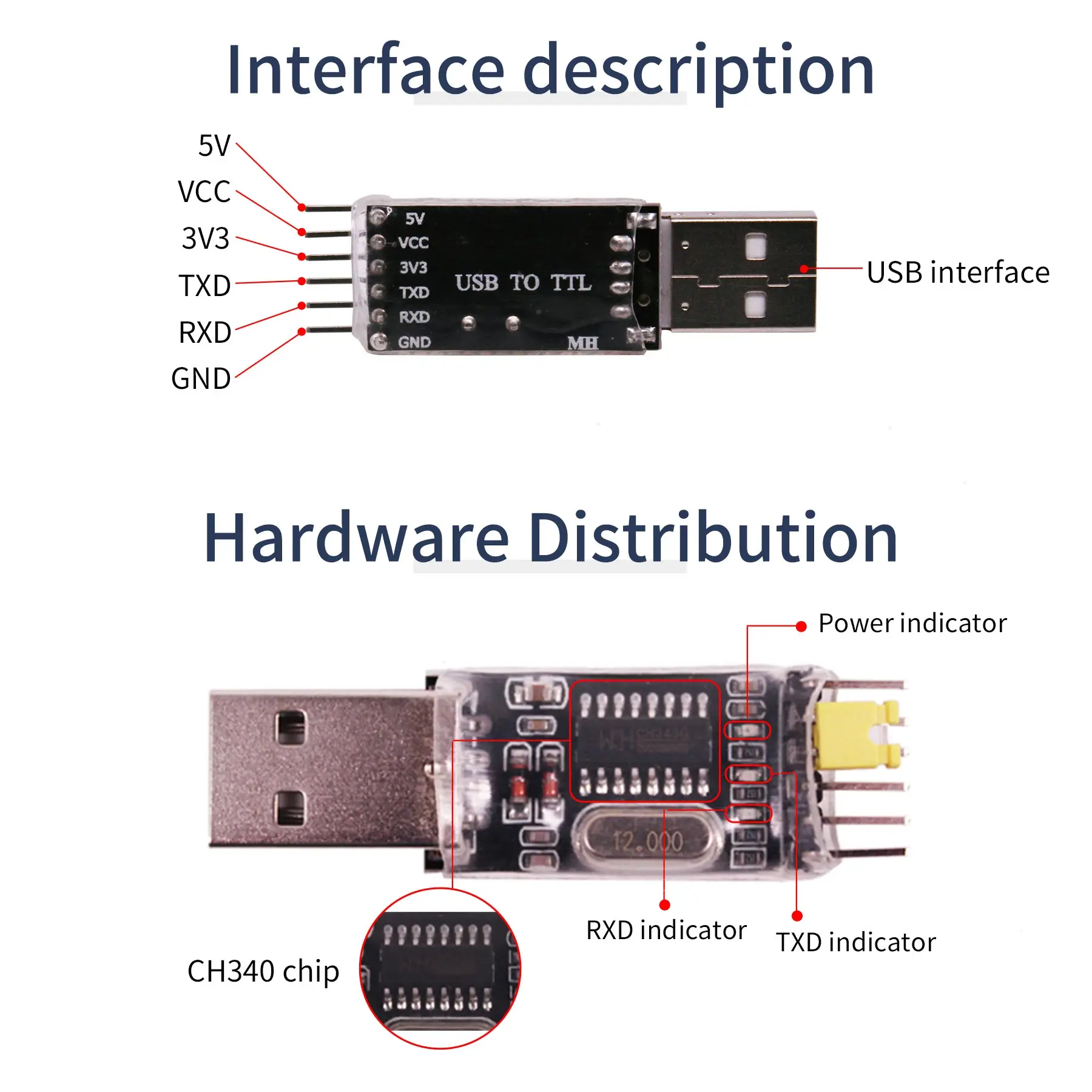 CH340 USB to TTL Module 5PIN Connector Module Serial Converter CH340G CH340 module 3.3V 5V Power Switch for DIY Project