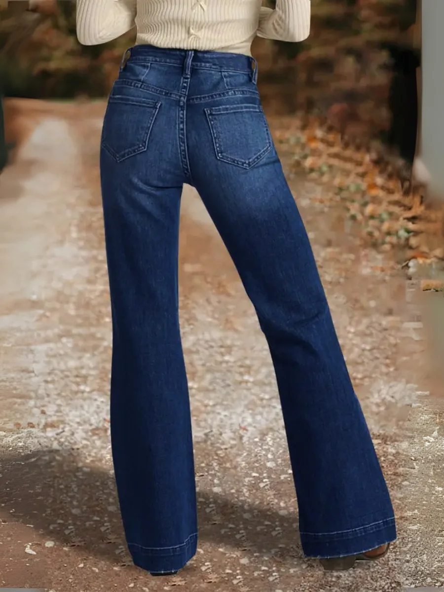 【HME】Women's Elegant Vintage Blue Denim Jeans - Mid-Rise, Bell Bottoms, Stretch Flare, Machine Washable, Decorative Buttons