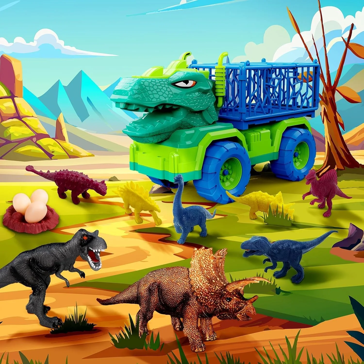 

19 in 1 Dinosaur Toys for Kids 3-5 5-7, Dinosaur Truck Set for Toddlers with 3 Pull Back Cars, 8 Dino Figures, Christmas and Bir