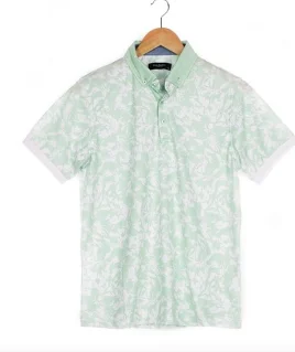 Men's Green Leaf Print Polo Collar Slim Fit Pique T-Shirt 100 cotton pique fabric.