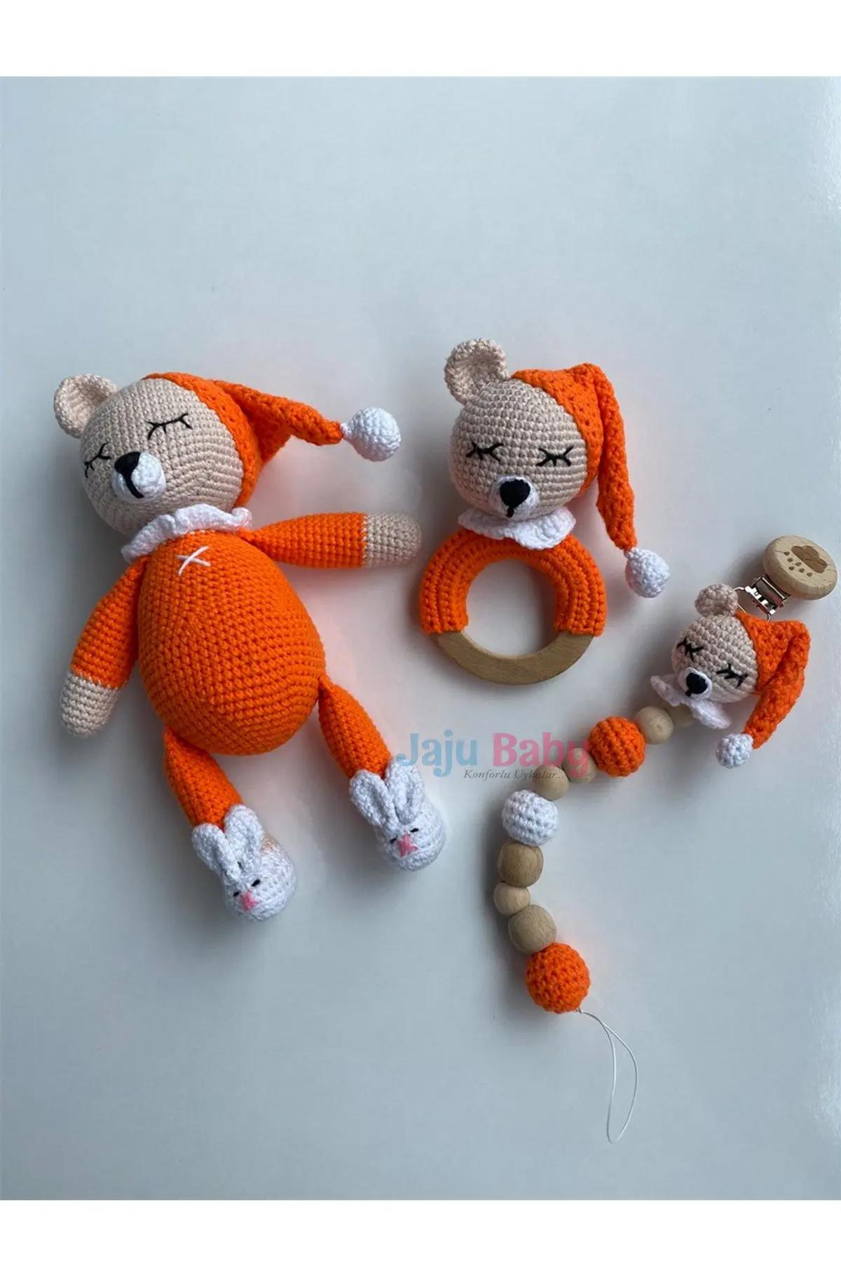 

Handmade Amigurumi Orange Sleepy Bear 22 cm Rattle and Pacifier Chain Set of Three