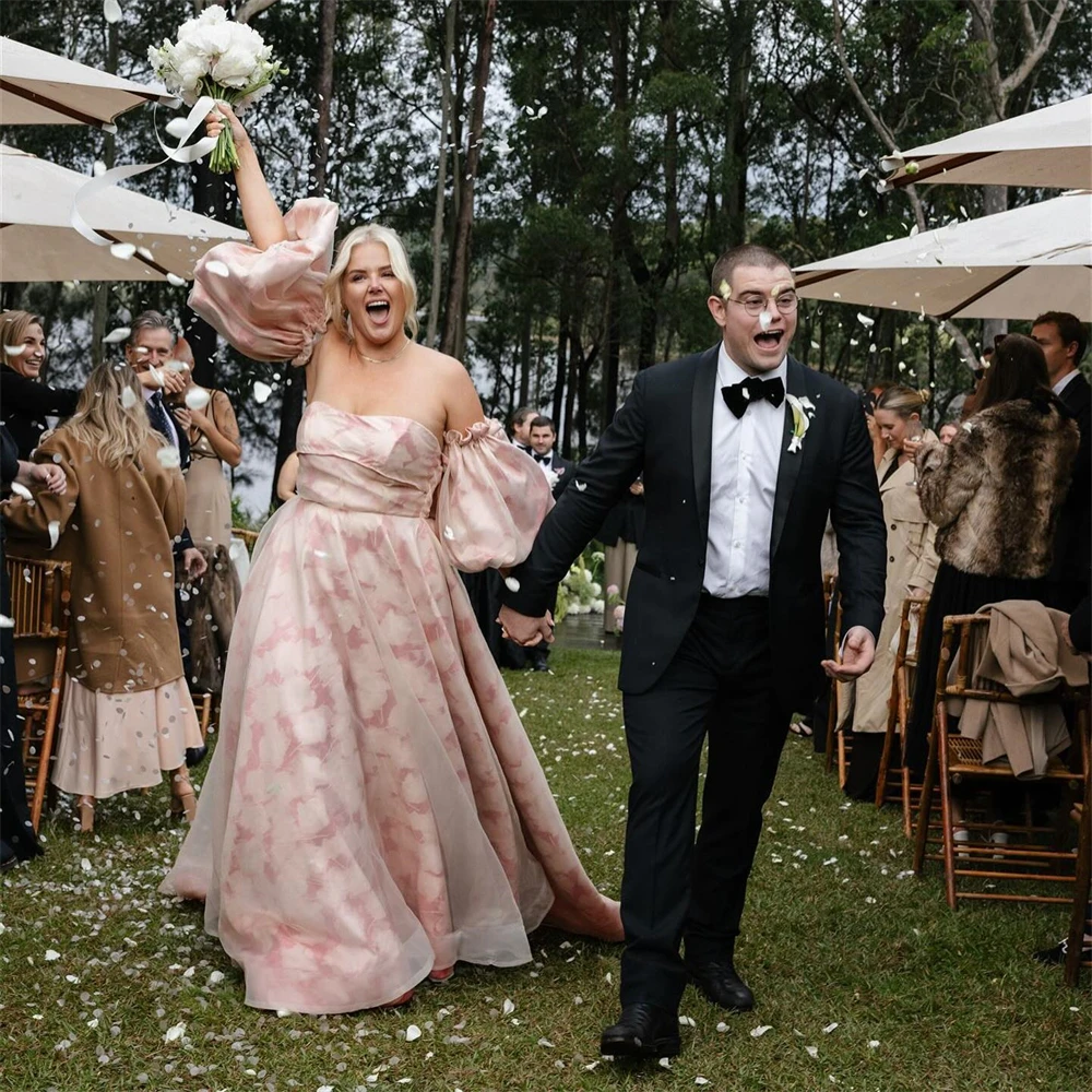 Vestido de novia con hombros descubiertos y mangas hinchadas, traje de novia de satén con estampado romántico a medida, n. ° 20277