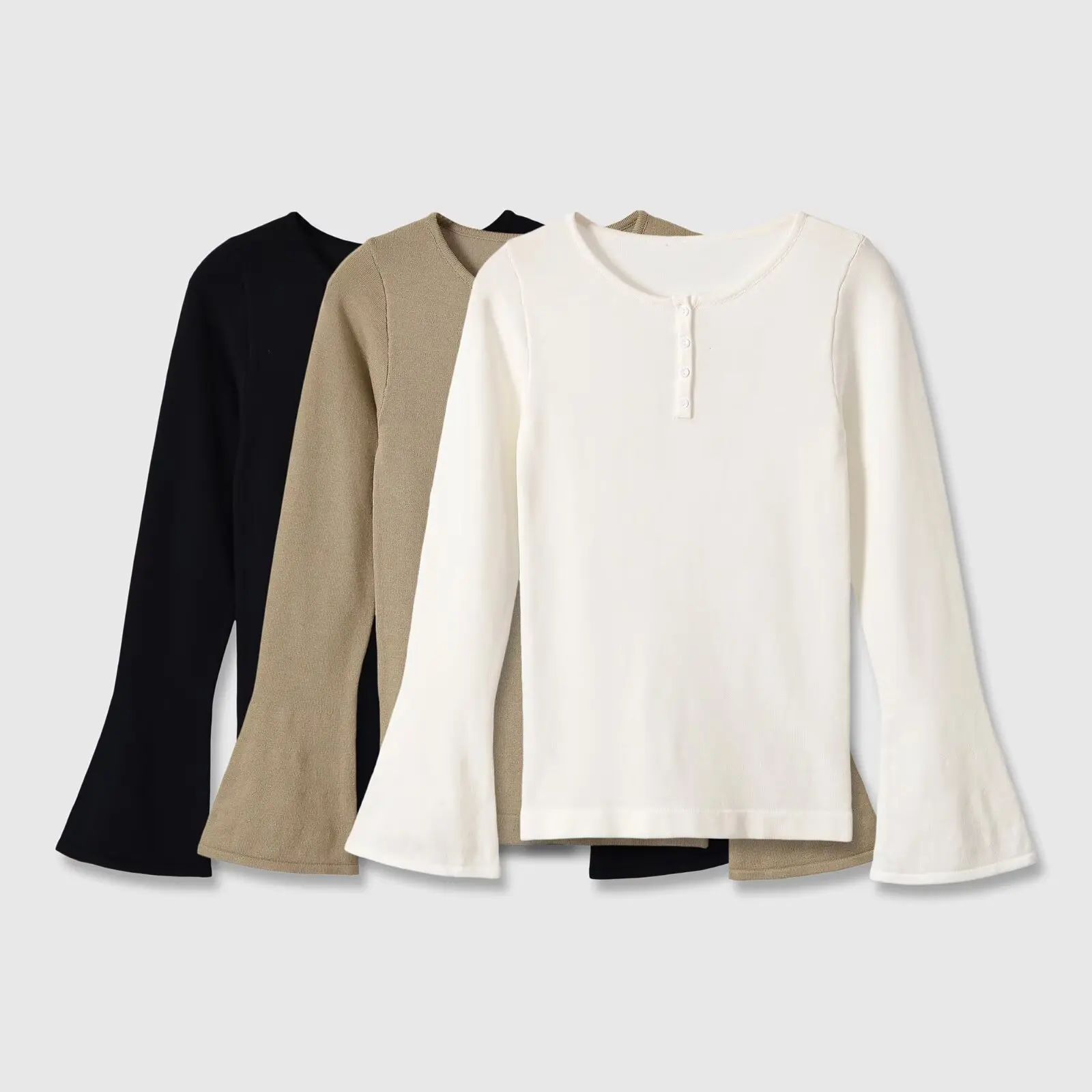 Womens Solid Long Sleeve Flare Sleeve Knitted Top Henley Collar Button Front Slim Base Pullover Casual Bell Sleeve Shirt
