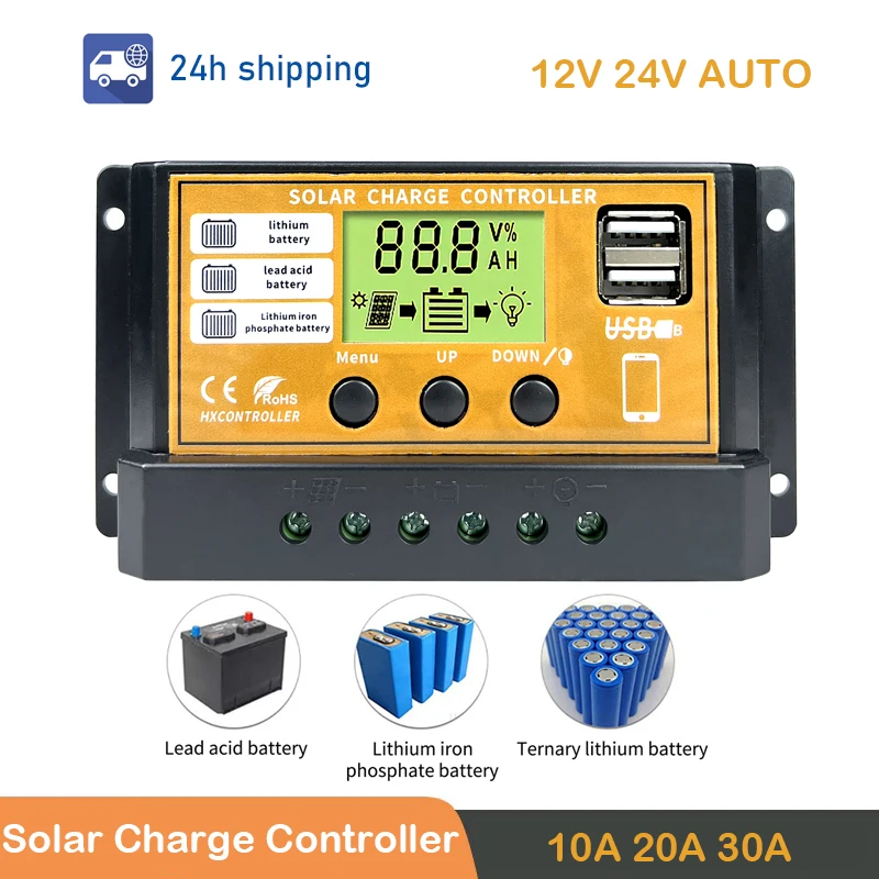 Solar Charge Controller 10A 20A 30A 40A HD Colorful Screen Display  12V 24V PWM Dual USB Solar Charge And Discharge Controller