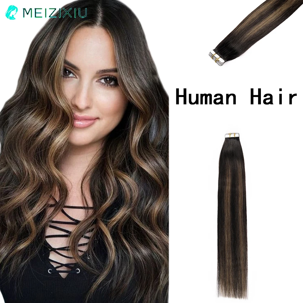 100% Real Hair Tape In Hair Extensions 20pcs/Pack Straight Black with Brown Hair Tape In Human Hair Extension For Women 22Inch