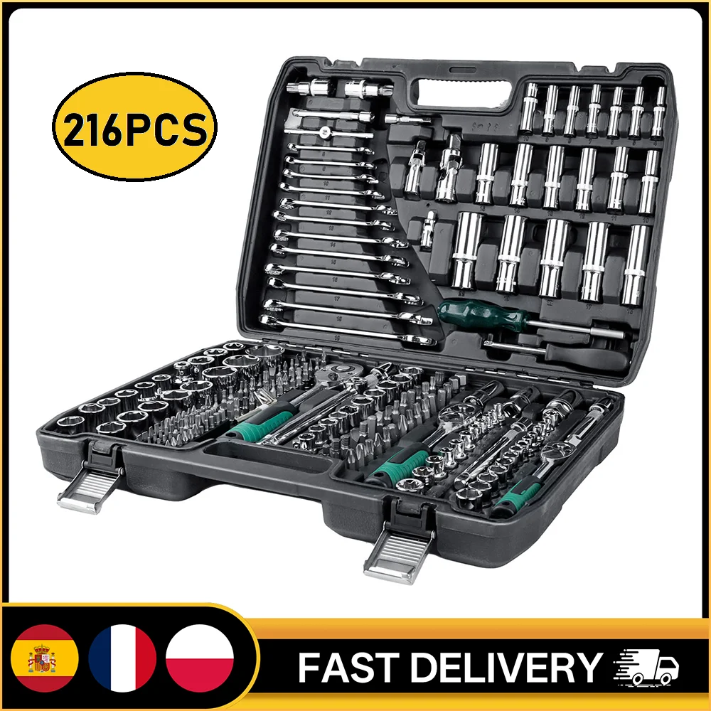 Ensemble d'outils mécaniques de 216 pièces, douilles de 1/4 ", 3/8 ", 1/2 " et clé à cliquet à 24 dents pour l'entretien et la réparation de voitures, camions, motos et vélos