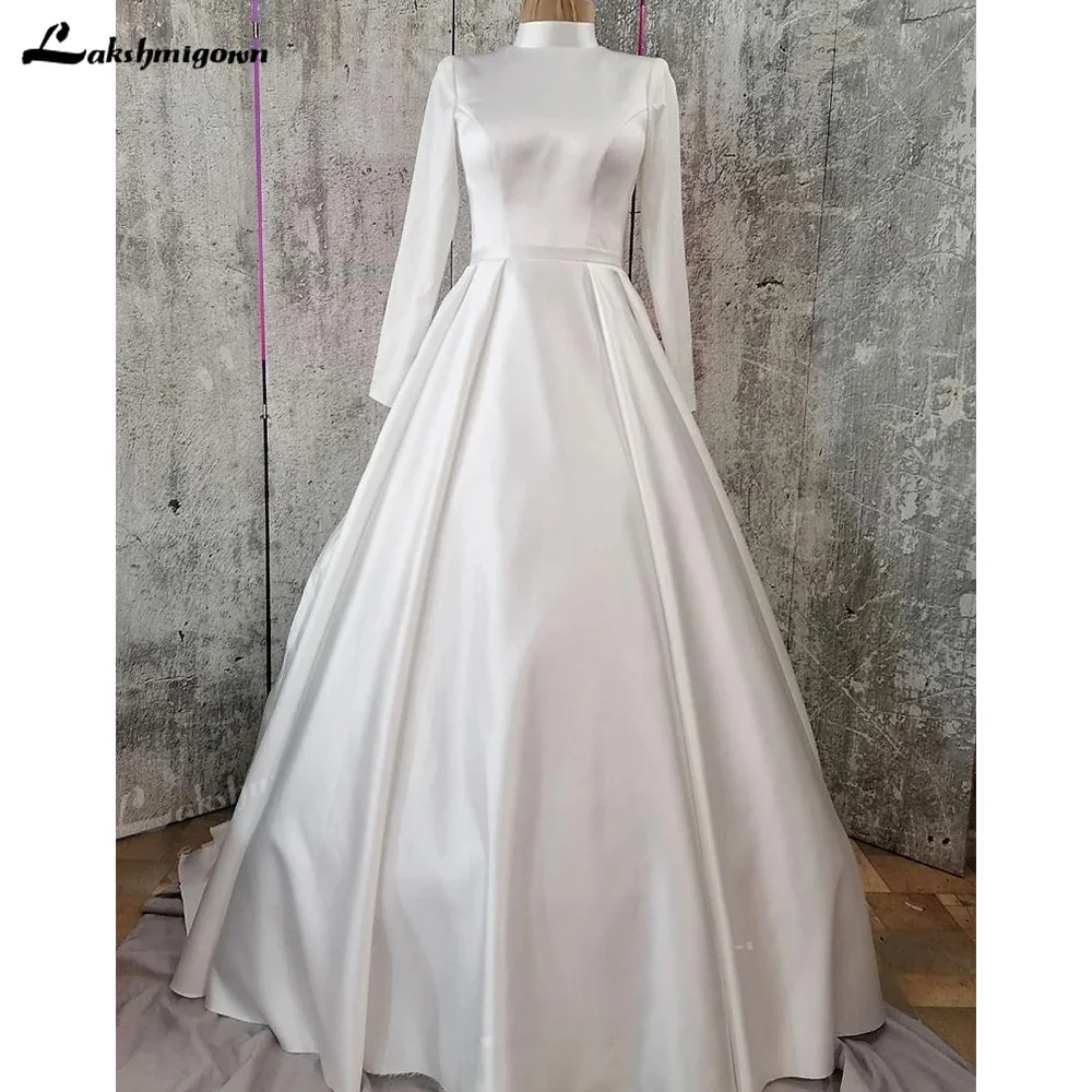 Simple Satin Wedding Dress Long Sleeves Vestido De Novia Sweep Train Elegant A Line Women Bride Gown Robe Mariage Boda Trouwjurk