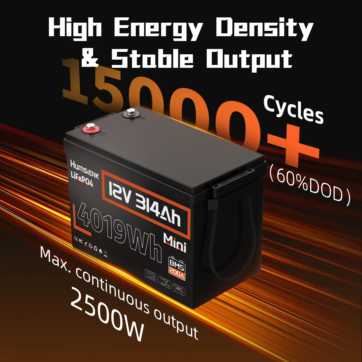 Humsienk 12V 314Ah MINI LiFePO4 Battery, Capacity 4019Wh & 200A BMS, 15000+ Deep Cycle, Low-Temp Protection For RV, Van, Golf Cart, Boat, Camper, Marine, Trolling Motor, Off-Grid, Solar Energy Storage, 5-Year Warranty - view 3