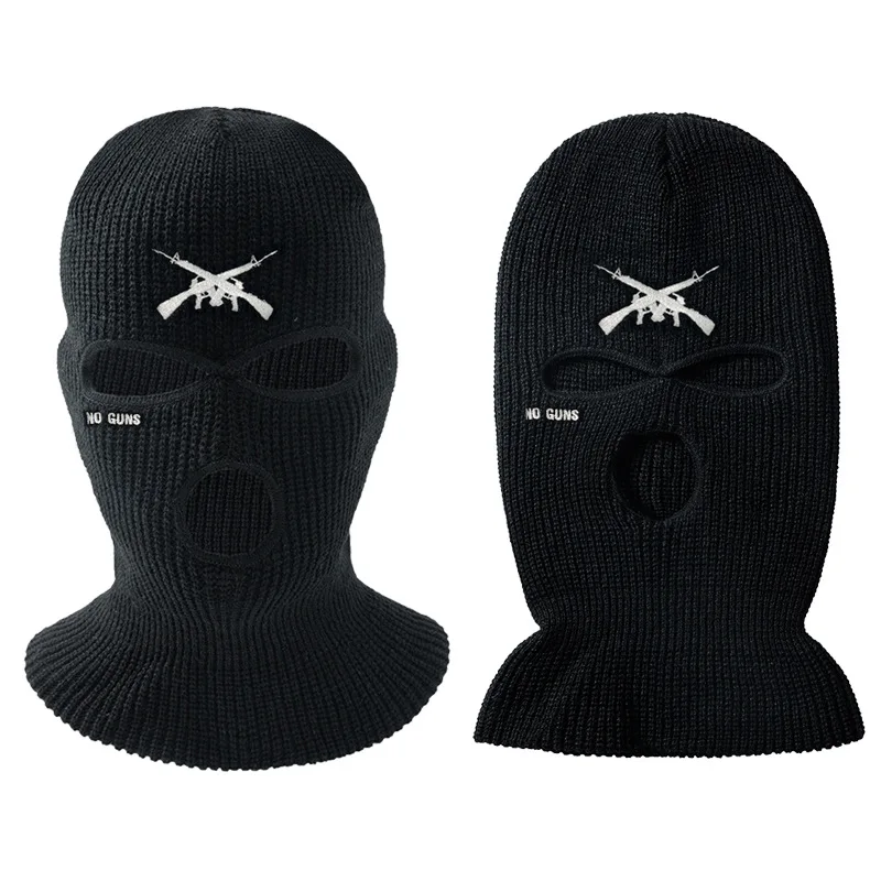 

Fashion NO GUNS Embroidered Unisex Adult Knitted Ski Mask Bonnet Beanies 3 Holes Balaclava Hat Winter Womens Hat Caps