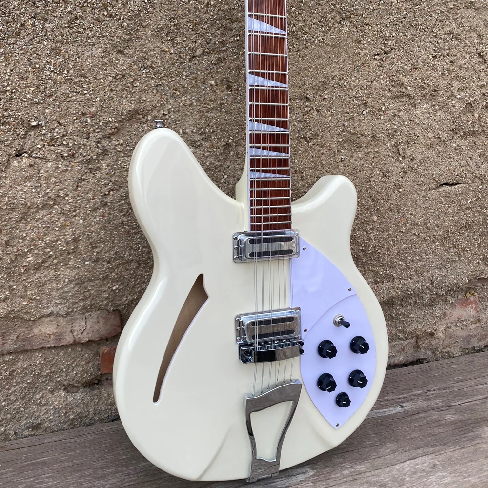 In Stock 12 String Semi Hollow Body Cream White Electric Guitar, Trapeze Tailpiece, Rosewood Fretboard, High Quality Guitarra