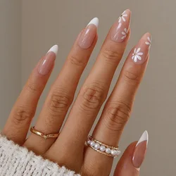24Pcs Almond Head Fake Nails Daisy Full Coverage Nail Art Acrylic Waterproof False Nails Reusable Press On Nails