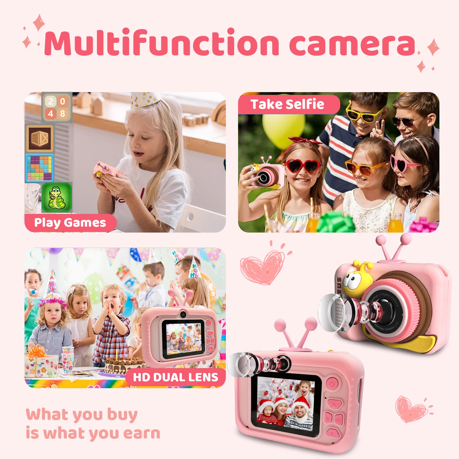 Appareil photo numérique pour enfants, jouets pour filles et garçons âgés de 3 à 12 ans, cadeaux d'anniversaire pour tout-petits, vidéo 1080