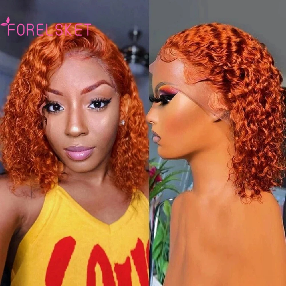 

FORELSKET Ginger Orange Medium Long Deep Wave Wig Curly Wavy Wig 13x4 Lace Front Human Hair Wig Natural Hairline With Baby Hair