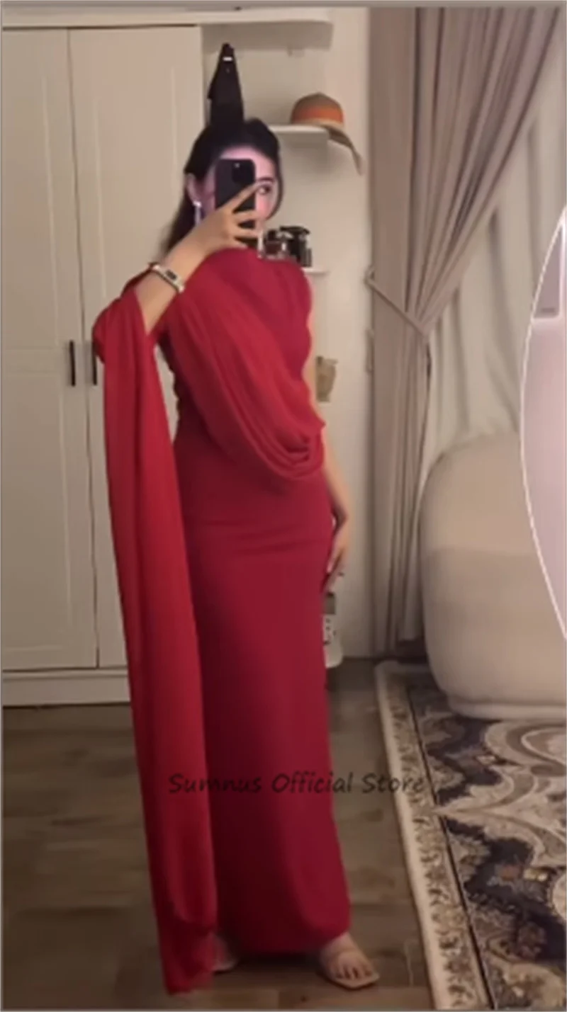 Sumnus Red Dubai Party Kleider Meerjungfrau Abendkleid High Neck One Shoulder formelle lange Flare Ärmel maßge schneiderte spezielle Ballkleider