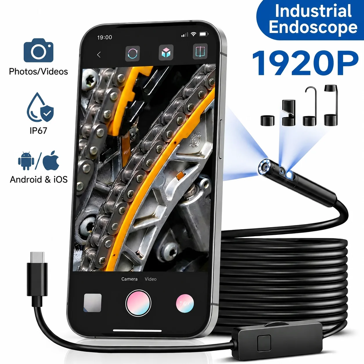 [8mm Single-Lens] Endoscope Camera with Adjustable Light,1920P , Semi-Rigid Cable Snake Borescope for iPhone, iPad, Samsung