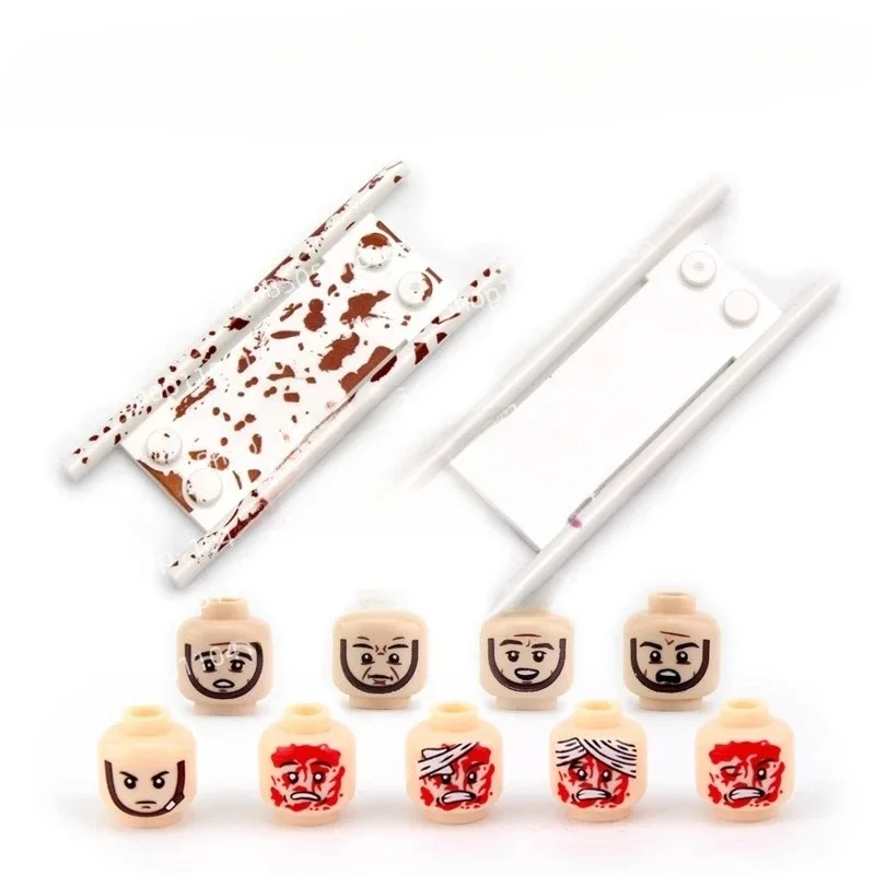 Blocs de construction militaires MOC, soldats humanoïdes, soldats blessés, expressions faciales, taches de sang, civières, couleur chair