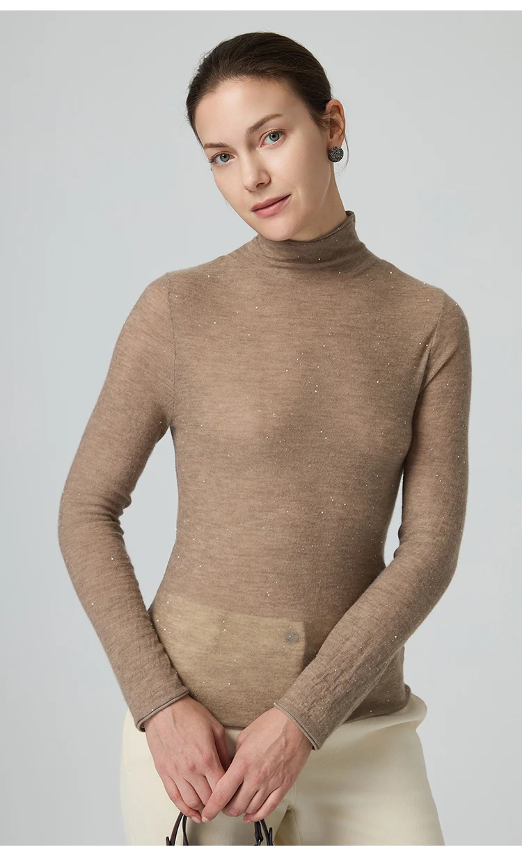BY3521261 Damen Kaschmir-Mischgewebe Langarm-Strickshirt mit Stehkragen, Glitzergarn, Slim Fit, Leichtgewichtig, Herbstliches Alltags-Oberteil – Detail 10