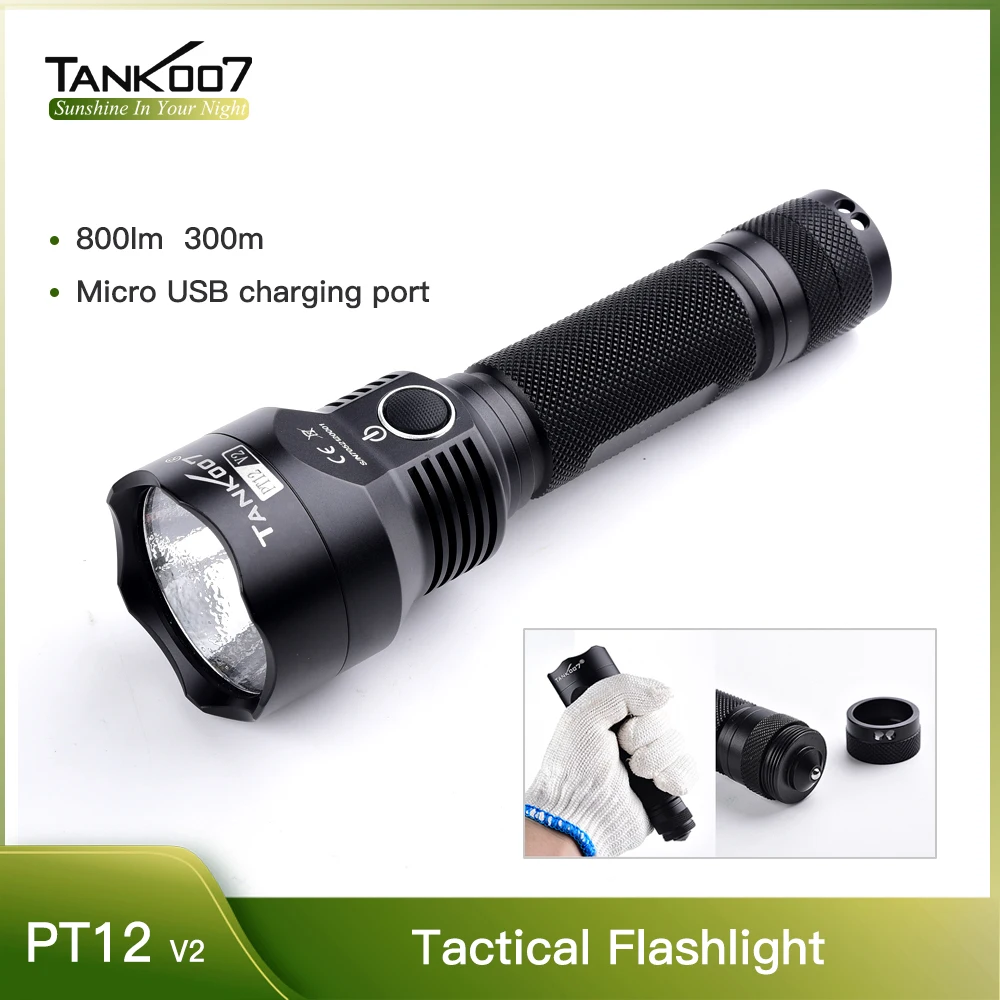 TANK007 PT12 Outdoor Tactical Police High Power LED USA Flashlight 800 lumens Light Type-C USB Charging Camping Fishing