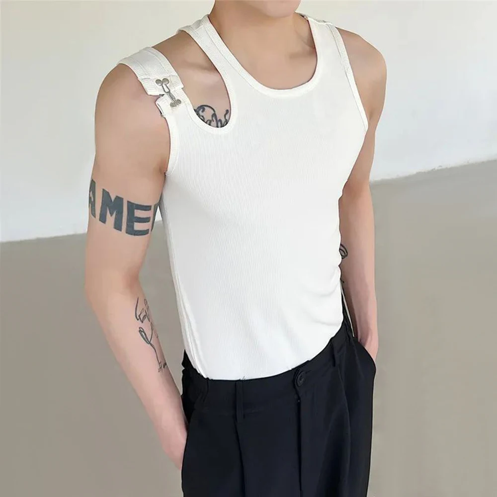 Mens Casual Hollow Tight Shoulder Strap Design Vest 2024 New Genderless Streetwear Trendy Nightclub Shaping Sexy Top Unisex