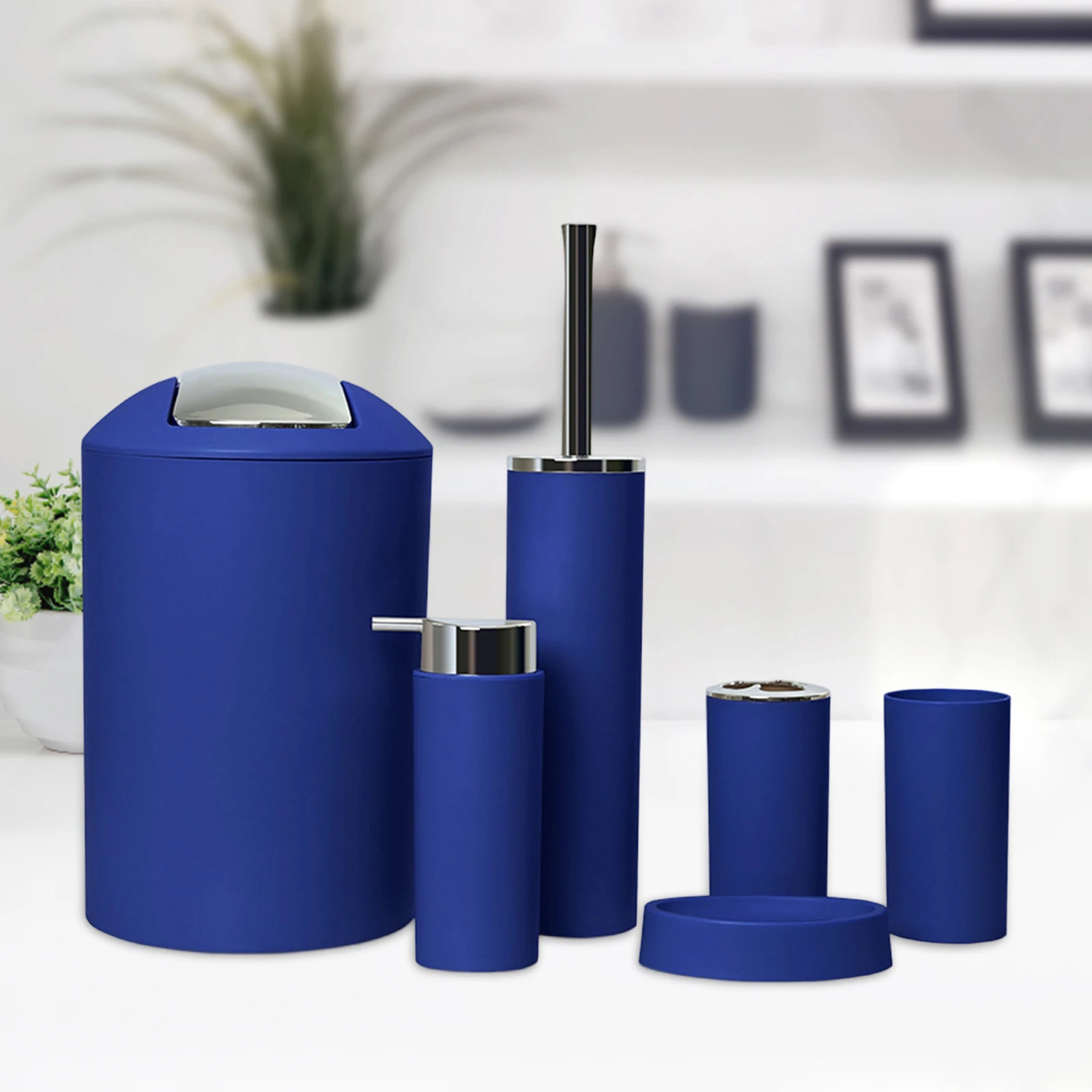 6Pcs Plastic Bathroom Accessories Set Bath Ensemble Soap Dish Trash Can Toilet Brush Necessities Brush Holder Trash Can Set