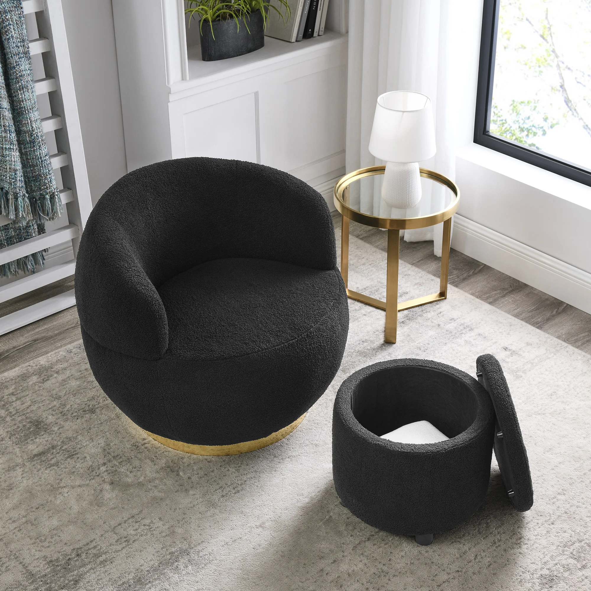 [Flash Sale]Teddy Fabric Swivel Barrel Chair with Gold Stainless Steel Base&Storage Ottoman Ivory/Black/Grey[US-W]