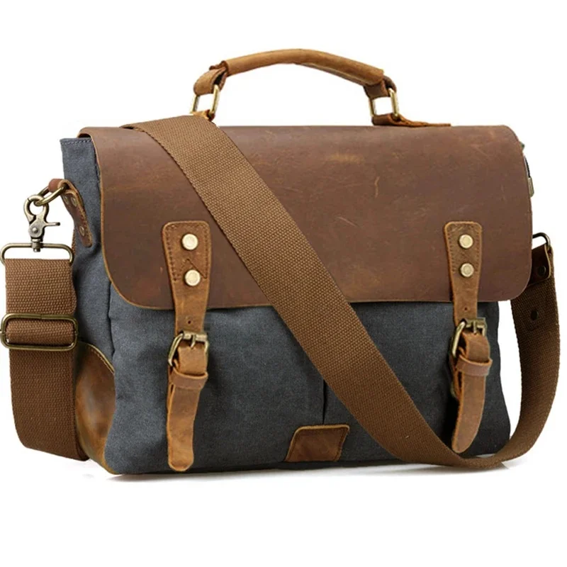 Vintage skóra + płótno mężczyźni teczka torba biznesowa Portfolio mężczyźni torba biurowa męskie płótno teczka attache case dokument tote — zdjęcie 2