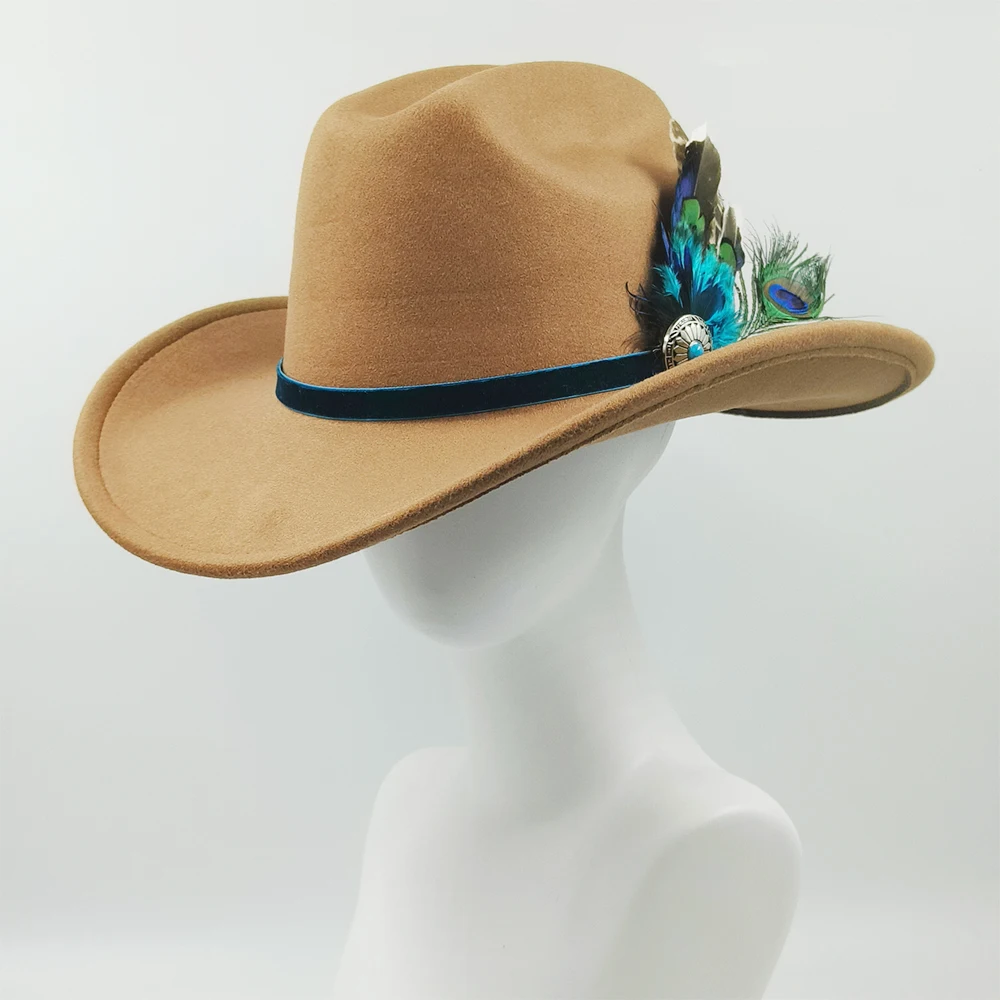 cowboy hat gold velvet peacock feather DIY retro double concave western cowboy hat men and women jazz cowboy hat