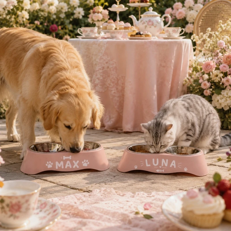 Comedero Doble Personalizado con Nombre y Diseño de Hueso de Pescado para Mascotas, Antideslizante, para Golden Retrievers, Ragdoll, British Shorthair