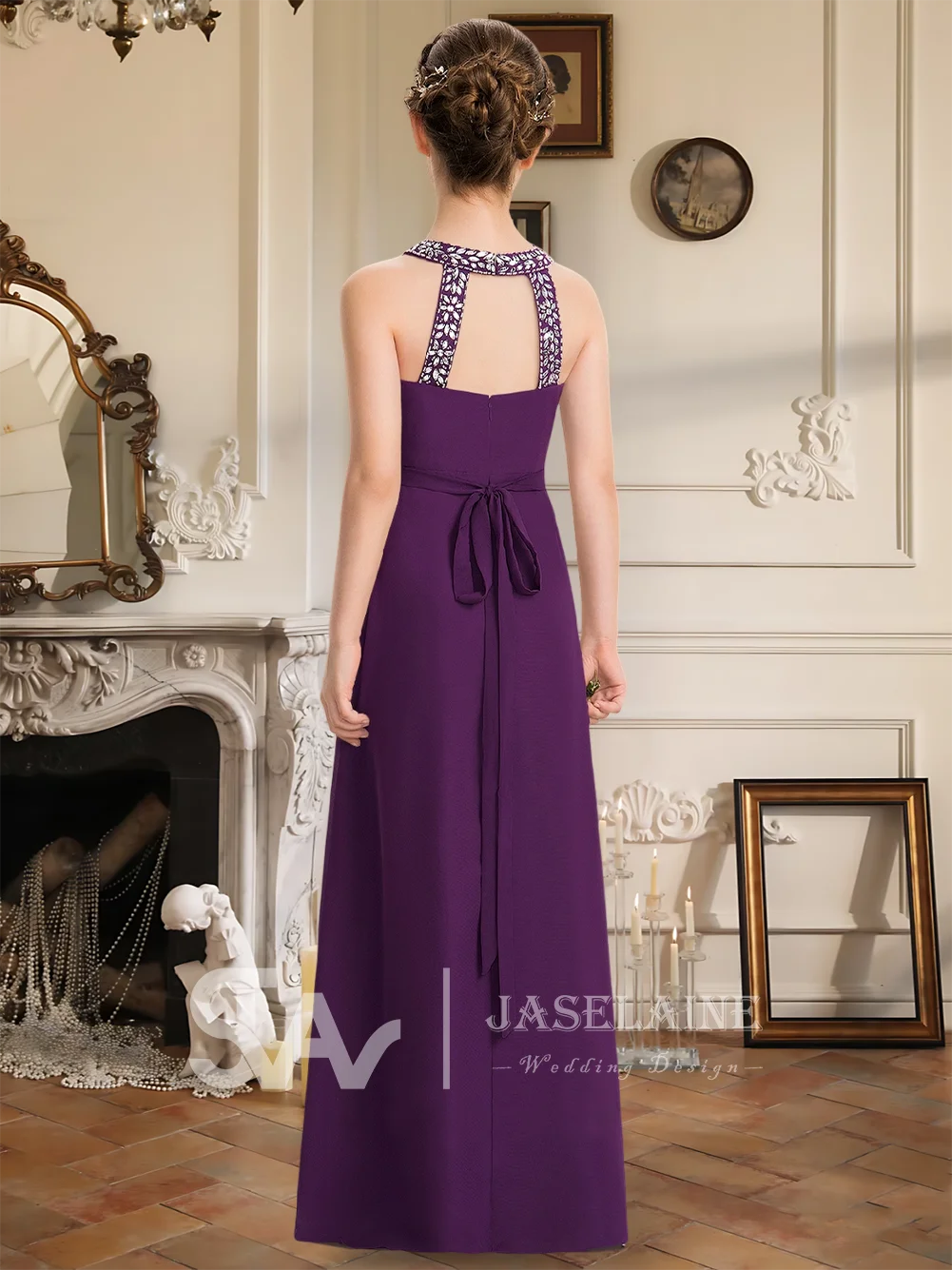 

B Chiffon A-Line Halter Junior Bridesmaid Dress Floor-Length Beading Bow Flower Girl Dress Girls Formal Wedding Special Occasion